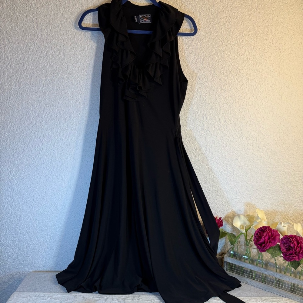 American Living Black Ruffle Dress Womens Size 10 Sleeveless Belted Stretchy.
